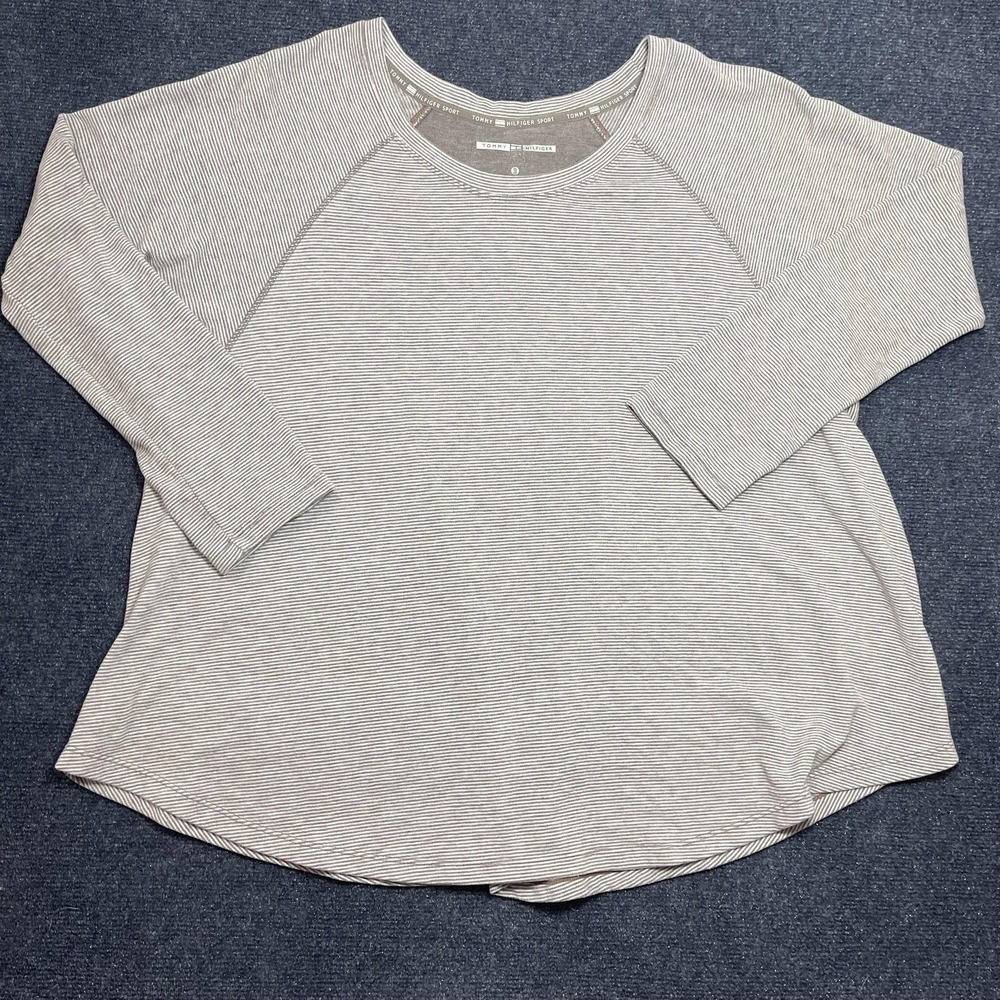 Tommy Hilfiger Sport Shirt Womens XL Gray Stripe Raglan 3/4 Sleeve Tee Top